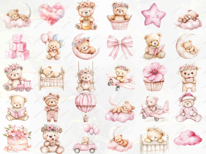 May include: A set of 25 digital clipart images featuring cute teddy bears in various poses and settings. The bears are wearing pink, white, and brown clothing and accessories. The images are perfect for scrapbooking, card making, and other craft projects.
