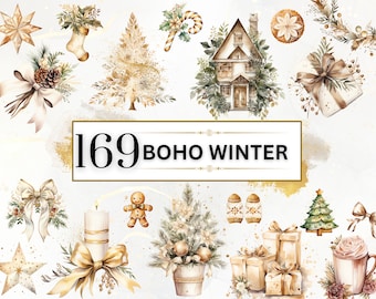 Boho Winter Clipart - 169 Watercolor Winter Clipart PNGs, Cozy Neutral Winter Clipart, Boho Clipart,Tree Clipart, Winter PNG, Coffee Clipart