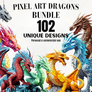 Op de afbeelding: Een verzameling van 102 unieke pixel art drakenontwerpen. De draken zijn in verschillende kleuren, waaronder rood, blauw, groen, geel en regenboog. De tekst "PIXEL ART DRAGONS BUNDLE 102 UNIQUE DESIGNS Personal & commercial use" wordt weergegeven op de afbeelding.