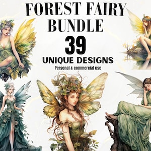 Forest Fairy Watercolor Clipart - 39 Watercolor Fairy Images, Fairytale Clip Art, Fantasy Clipart, Fairy PNG bundle, Digital Download