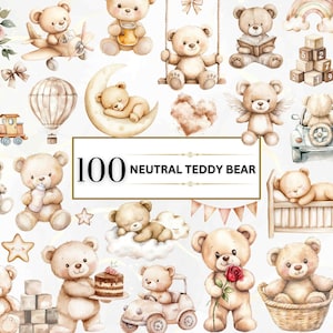 Clipart nounours bohème aquarelle neutre PNG PNG neutre Clipart shower de bébé ours en peluche endormis Clipart chambre d'enfant sexe révèlent PNG