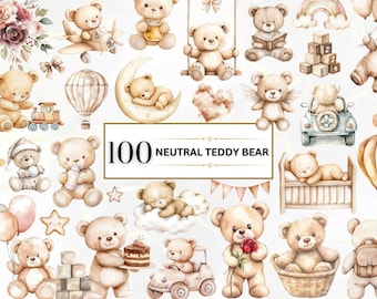 May include: 100 neutral teddy bear illustrations in watercolor style. The bears are depicted in various poses and activities, including sleeping, playing, and holding objects. The illustrations are perfect for creating cute and whimsical designs for baby products, children's books, and other projects.