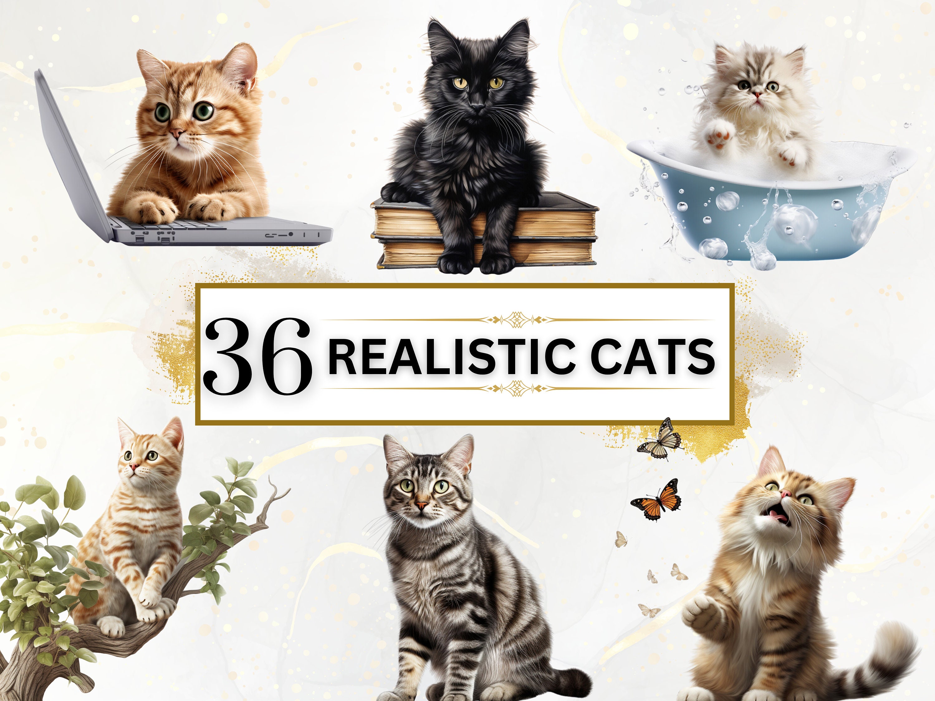 Ultra Realistic Cats PNG Bundle - 36 Cats Clipart PNGs, Cats Clipart, Animals Clipart, Watercolor Animals, Instant Digital Download