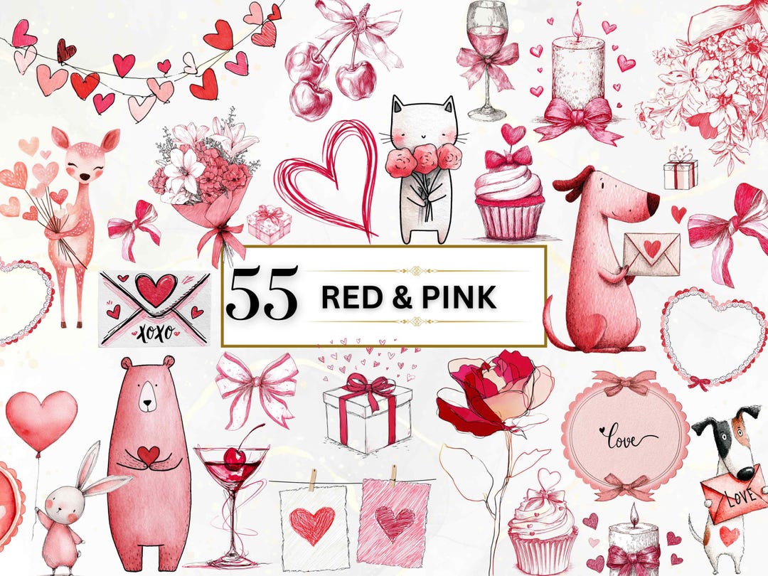 Red and Pink Valentines Day Clipart Cute Frames PNG Hearts, Animals ...