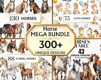 Mega paquete de imágenes prediseñadas de caballos, caballos de acuarela PNG, lindos caballos bebé, caballos florales PNG, animales de granja / imágenes prediseñadas de baby shower / PNG de temporada