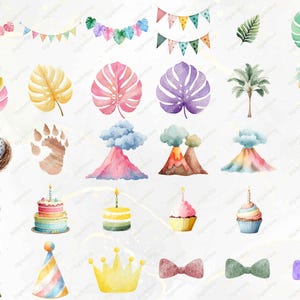 May include: Watercolor illustrations of various party and tropical elements. Includes colorful banners, tropical leaves, volcanoes, cakes, cupcakes, party hats, crowns, bow ties, and a gift box. Perfect for digital art projects.
