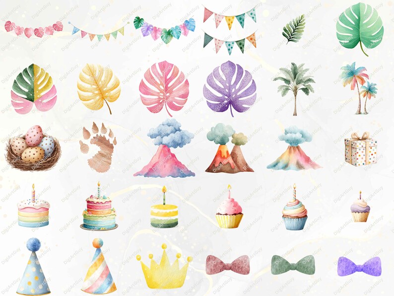 May include: Watercolor illustrations of various party and tropical elements. Includes colorful banners, tropical leaves, volcanoes, cakes, cupcakes, party hats, crowns, bow ties, and a gift box. Perfect for digital art projects.