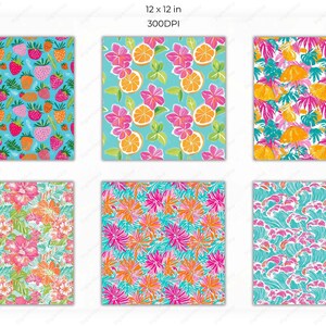 Six square patterns showing summer motifs such as floral sprays, tropical fruit mixes, abstract waves, and beach umbrellas in a variety of bold pink, aqua, orange, and lime-green tones.
