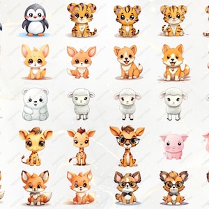 Pode incluir: Um conjunto de 30 ilustra&ccedil;&otilde;es de animais de desenho animado fofos. Os animais incluem um pinguim, um tigre, uma raposa, um cachorro, uma ovelha, uma girafa, um porco e um chihuahua. Os animais est&atilde;o todos em poses e express&otilde;es diferentes.