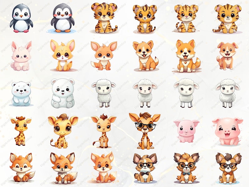 Pode incluir: Um conjunto de 30 ilustra&ccedil;&otilde;es de animais de desenho animado fofos. Os animais incluem um pinguim, um tigre, uma raposa, um cachorro, uma ovelha, uma girafa, um porco e um chihuahua. Os animais est&atilde;o todos em poses e express&otilde;es diferentes.