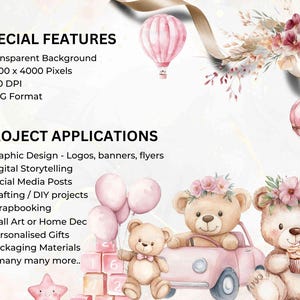 May include: A digital illustration set featuring two teddy bears, one driving a pink car and the other holding a cupcake. The bears are adorned with floral crowns and surrounded by pink balloons and a stack of colorful blocks. The illustration is set against a watercolor background with a pink hot air balloon.
