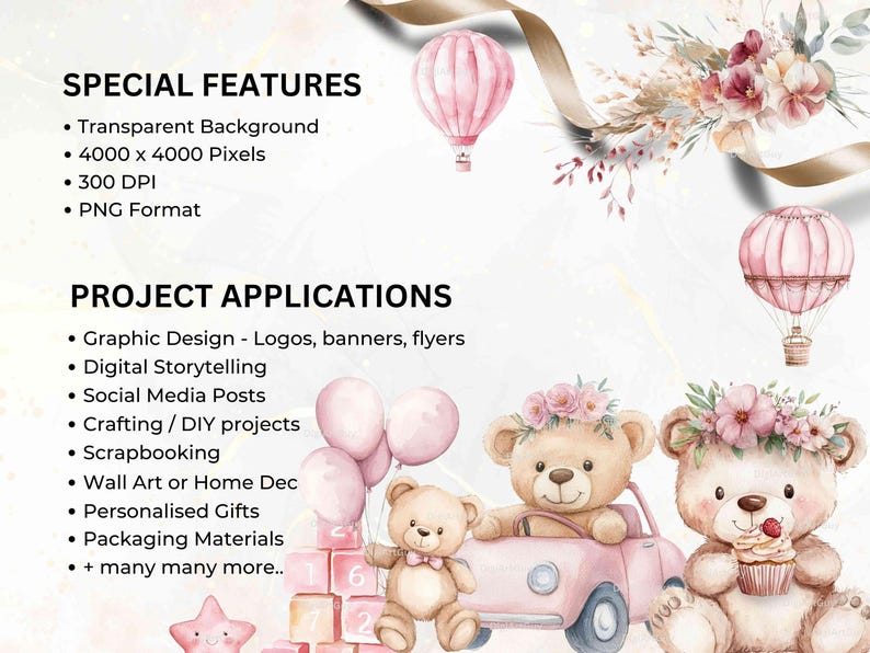 May include: A digital illustration set featuring two teddy bears, one driving a pink car and the other holding a cupcake. The bears are adorned with floral crowns and surrounded by pink balloons and a stack of colorful blocks. The illustration is set against a watercolor background with a pink hot air balloon.