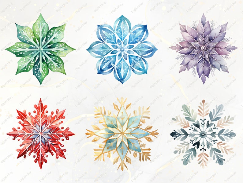 May include: Six watercolor snowflakes in different colors and designs. The snowflakes are green, blue, purple, red, gold, and blue and gray.