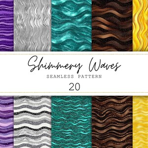May include: A digital art print featuring a collection of seamless wave patterns in various colors, including purple, silver, teal, brown, and yellow. The text "Shimmery Waves" and "Seamless Pattern 20" are displayed in the center.