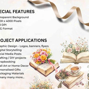 Special features and project applications for the 70 floral book illustrations. Highlights include transparent backgrounds, 300 DPI resolution, and uses like scrapbooking, home decor, crafting, graphic design, and more.