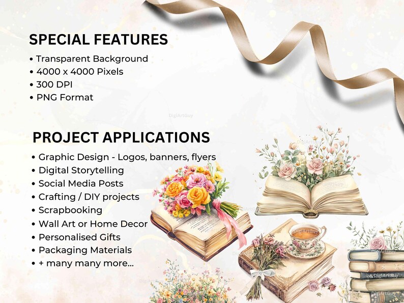 Special features and project applications for the 70 floral book illustrations. Highlights include transparent backgrounds, 300 DPI resolution, and uses like scrapbooking, home decor, crafting, graphic design, and more.