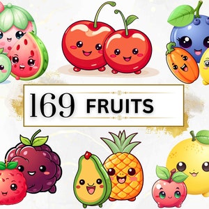 Kawaii Clipart Bundle - 169 Cute Kawaii PNG Clipart Set, Kawaii Food Clipart, Kawaii Fruit Clipart, Cute Fruit PNG, Nursery Decor