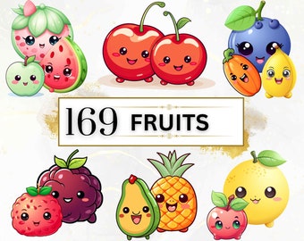 Kawaii Clipart Bundle - 169 Cute Kawaii PNG Clipart Set, Kawaii Food Clipart, Kawaii Fruit Clipart, Cute Fruit PNG, Nursery Decor