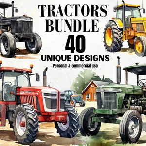 May include: A collection of 40 unique tractor designs, ideal for personal and commercial use. The image shows four different tractors in various colours, including red, green, black, and yellow. The tractors are depicted in a watercolour style, giving them a vintage and rustic feel.