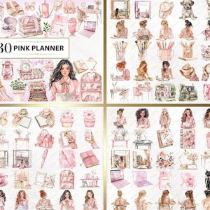 Shows pink planner examples from the bundle