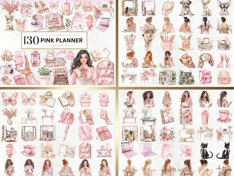 Shows pink planner examples from the bundle