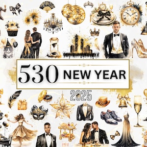 Nieuwjaar clipart - 530 aquarel nieuwjaar clipart png's, oudejaarsavond feest clipart, gelukkig nieuwjaar 2025 png, nieuwjaar png, zwart en goud