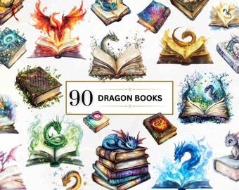 Puede incluir: Una colección de 90 ilustraciones digitales de libros con temática de dragones. Cada libro presenta un diseño de dragón único con colores vibrantes y detalles intrincados. Los libros son perfectos para agregar un toque de fantasía a tus proyectos digitales.