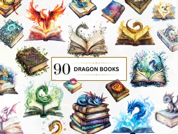 Dragon Book Clipart Watercolor Dragon Clipart Fantasy Dragon PNG Magical Dragons Graphics Fantasy Book PNG Mythical Creature Digital Dragon
