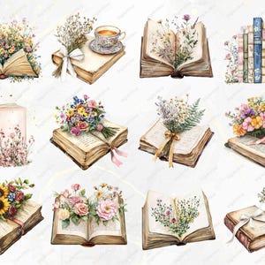Twelve beautifully designed book illustrations, showcasing floral arrangements with vintage books, stacked pastel books, and flowers like sunflowers and roses. Includes elegant ribbon details, tea cups, and blooming bouquets.