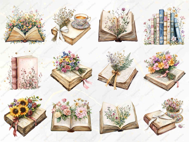 Twelve beautifully designed book illustrations, showcasing floral arrangements with vintage books, stacked pastel books, and flowers like sunflowers and roses. Includes elegant ribbon details, tea cups, and blooming bouquets.