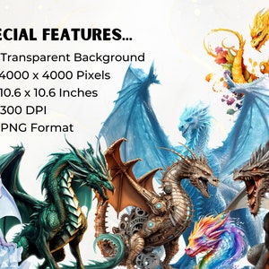 May include: Digital illustration of seven dragons with different colors and designs. The dragons are set against a white background. The image is 4000 x 4000 pixels, 10.6 x 10.6 inches, 300 DPI, and in PNG format.