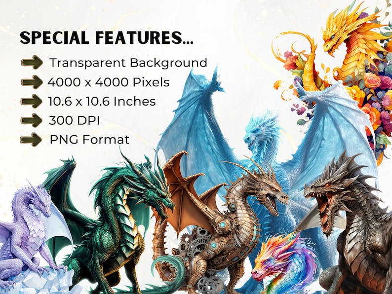 May include: Digital illustration of seven dragons with different colors and designs. The dragons are set against a white background. The image is 4000 x 4000 pixels, 10.6 x 10.6 inches, 300 DPI, and in PNG format.