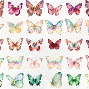 Puede incluir: Una colecci&oacute;n de ilustraciones de mariposas en acuarela en varios colores, incluyendo rosa, morado, azul, verde y amarillo. Las mariposas tienen patrones de alas detallados y est&aacute;n dispuestas sobre un fondo claro.