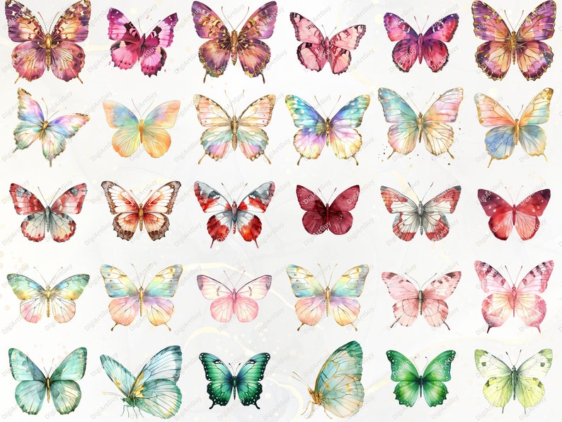 Puede incluir: Una colecci&oacute;n de ilustraciones de mariposas en acuarela en varios colores, incluyendo rosa, morado, azul, verde y amarillo. Las mariposas tienen patrones de alas detallados y est&aacute;n dispuestas sobre un fondo claro.