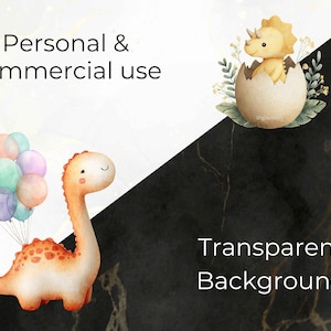 May include: Watercolor illustration featuring a baby dinosaur hatching from an egg, a dinosaur holding balloons, and the text "Personal & commercial use" and "Transparent Background". The image has a white and black marble background.