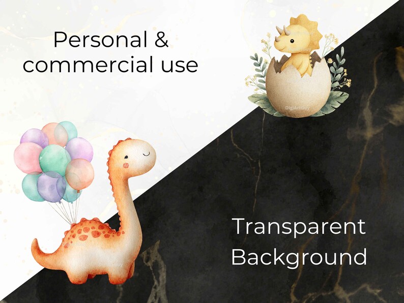 May include: Watercolor illustration featuring a baby dinosaur hatching from an egg, a dinosaur holding balloons, and the text "Personal & commercial use" and "Transparent Background". The image has a white and black marble background.