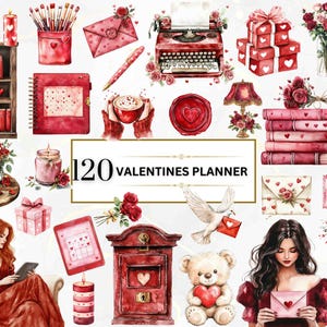 Clipart di San Valentino Planner Clipart diario acquerello PNG di San Valentino Planner Girl PNG Adesivi per planner Love Planner PNG Clipart di amanti