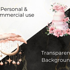 Peut inclure: Une illustration aquarelle d'un g&acirc;teau de mariage rose et blanc d&eacute;cor&eacute; de fleurs roses. Le g&acirc;teau est sur un fond de marbre noir avec le texte "Fond transparent".