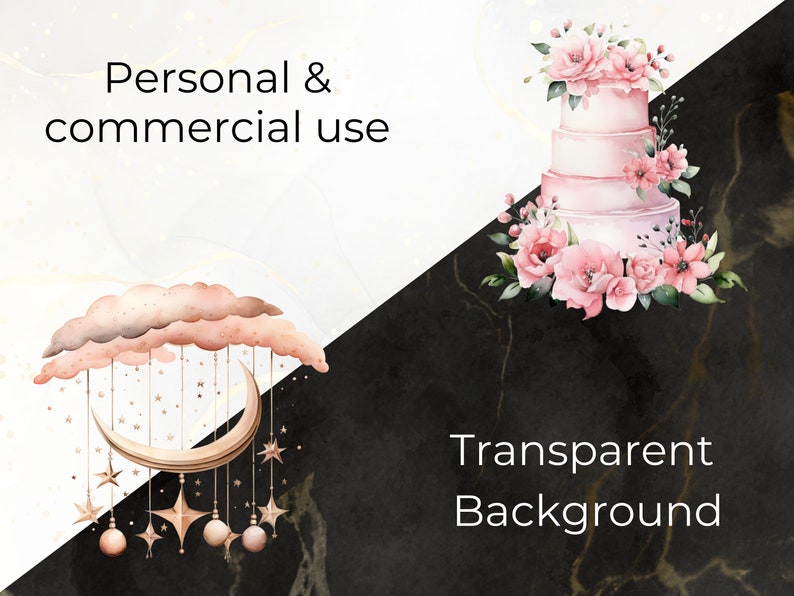 Peut inclure: Une illustration aquarelle d'un g&acirc;teau de mariage rose et blanc d&eacute;cor&eacute; de fleurs roses. Le g&acirc;teau est sur un fond de marbre noir avec le texte "Fond transparent".