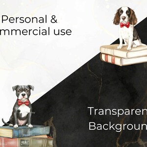 A comparison slide showing the clipart’s transparent background. A Boxer and Springer Spaniel, both wearing red bow ties, sit on books, with one on a white background and the other on a black marble-textured background.