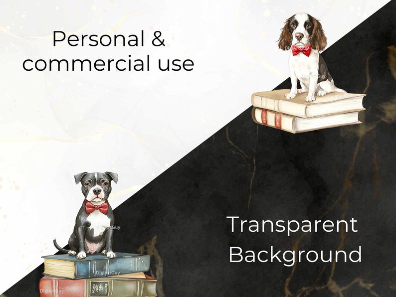A comparison slide showing the clipart’s transparent background. A Boxer and Springer Spaniel, both wearing red bow ties, sit on books, with one on a white background and the other on a black marble-textured background.