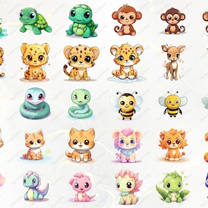 Pode incluir: Um conjunto de 30 ilustra&ccedil;&otilde;es de animais de desenho animado fofinhos. Os animais incluem uma tartaruga, um guepardo, uma cobra, uma abelha, um gato, um le&atilde;o, um drag&atilde;o e um macaco. As ilustra&ccedil;&otilde;es s&atilde;o de v&aacute;rias cores e s&atilde;o perfeitas para usar em livros infantis, sites ou outros projetos criativos.