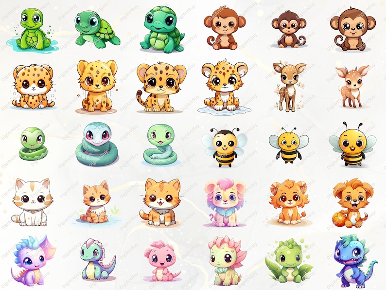 Pode incluir: Um conjunto de 30 ilustra&ccedil;&otilde;es de animais de desenho animado fofinhos. Os animais incluem uma tartaruga, um guepardo, uma cobra, uma abelha, um gato, um le&atilde;o, um drag&atilde;o e um macaco. As ilustra&ccedil;&otilde;es s&atilde;o de v&aacute;rias cores e s&atilde;o perfeitas para usar em livros infantis, sites ou outros projetos criativos.