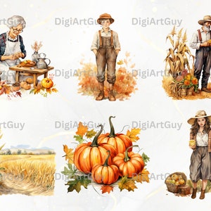Pode incluir: Um conjunto de ilustra&ccedil;&otilde;es digitais com temas de colheita de outono. O conjunto inclui uma mulher fazendo uma torta, um fazendeiro segurando uma cesta de milho, uma menina segurando uma cesta de ma&ccedil;&atilde;s, um menino em p&eacute; em um campo de folhas de outono e um grupo de ab&oacute;boras com folhas de outono.