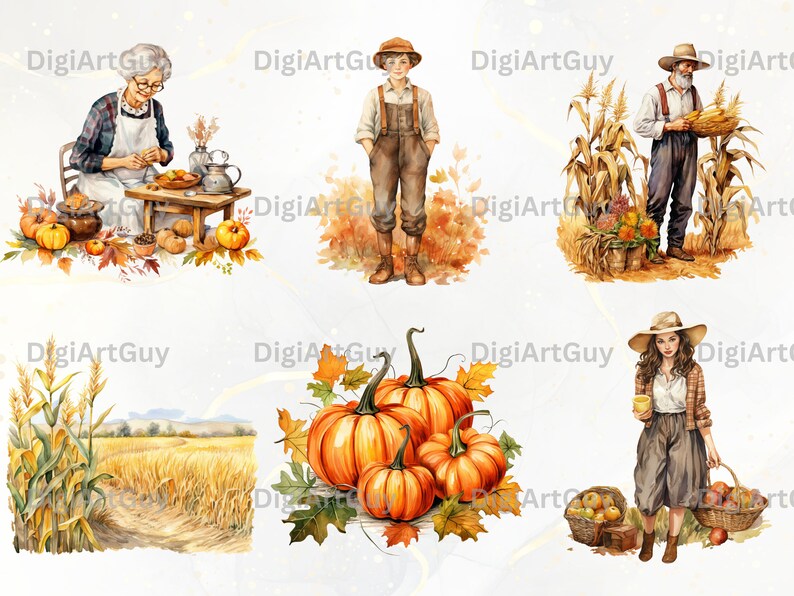 Pode incluir: Um conjunto de ilustra&ccedil;&otilde;es digitais com temas de colheita de outono. O conjunto inclui uma mulher fazendo uma torta, um fazendeiro segurando uma cesta de milho, uma menina segurando uma cesta de ma&ccedil;&atilde;s, um menino em p&eacute; em um campo de folhas de outono e um grupo de ab&oacute;boras com folhas de outono.