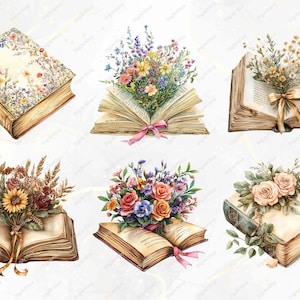 A mix of vintage and floral designs featuring books paired with flowers like roses and sunflowers. Includes open books with floral arrangements, pastel stacks, and intricate ribbon decorations. Ideal for craft and decor projects.