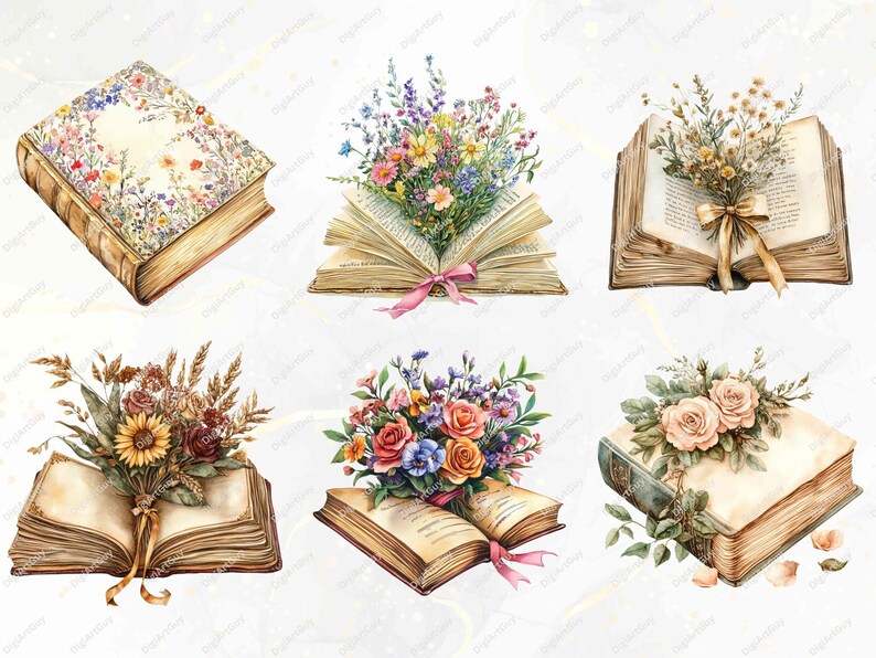 A mix of vintage and floral designs featuring books paired with flowers like roses and sunflowers. Includes open books with floral arrangements, pastel stacks, and intricate ribbon decorations. Ideal for craft and decor projects.