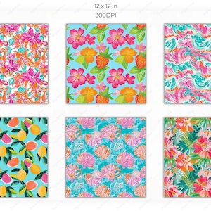 Another set of six summer-themed patterns featuring hibiscus flowers, swirling ocean waves, assorted citrus fruits, coral reef illustrations, and seashells in vibrant contrasting colors.