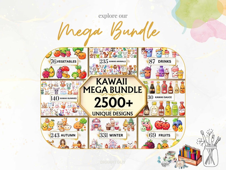 May include: A colorful digital illustration of a kawaii mega bundle with over 2500 unique designs. The bundle includes images of vegetables, animals, drinks, bunnies, autumn, winter, and fruits. The text "KAWAII MEGA BUNDLE 2500+ UNIQUE DESIGNS" is displayed in the center of the image.