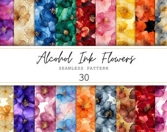 May include: A collection of 30 seamless patterns featuring watercolor-style floral designs in various colors. The patterns showcase flowers in shades of purple, blue, green, red, pink, yellow, and orange. The text "Alcohol Ink Flowers" and "Seamless Pattern" are displayed.